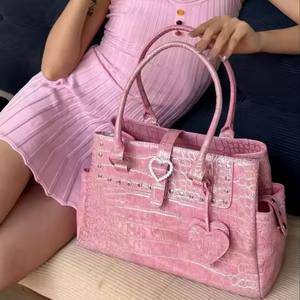 Borsa Tote <span class=keywords><strong>Rosa</strong></span> con Motivo Coccodrillo Stile Y2K, Design Love, Borsa a Tracolla da Donna con Rivetti e Tasca Laterale, Borsa a Spalla di Marca per il Pendolarismo - Product Image 2