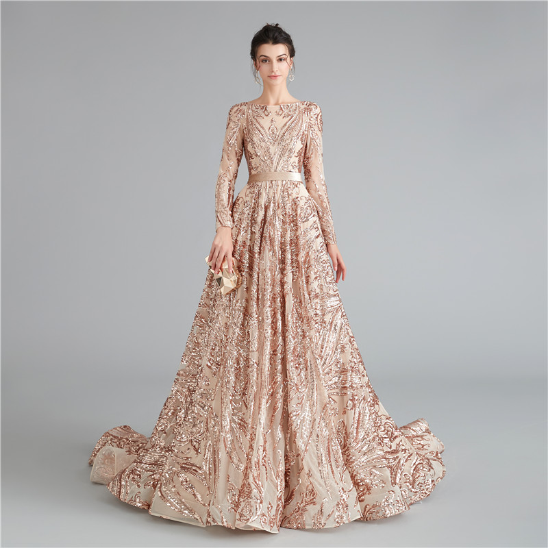 Buy In Bulk Rose Gold Long Sleeve Dress Chiffon Fabric, Ruffled Pleats |  Alibaba.com