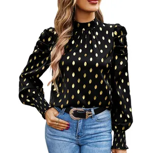 Neueste Design Plissee Manschetten Mock Neck Ladies Casual Langarm Polka Dot Tops