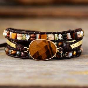 Bracelet en cuir marron pour hommes et femmes avec pierres mélangées œil de tigre, perles, 3 brins, bracelet pour amoureux, bijoux en gros, livraison directe - Product Image 2