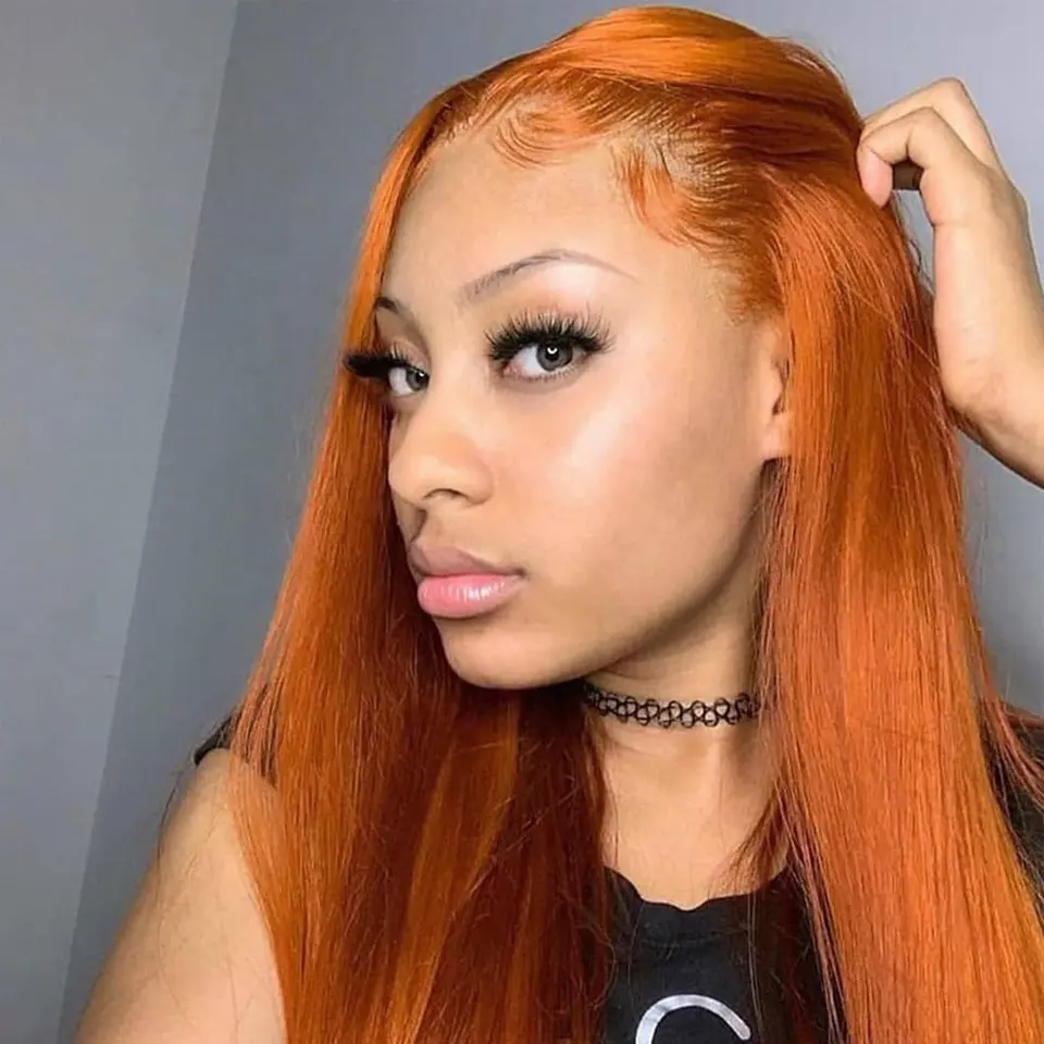 Wig Rambut Manusia Oranye Lurus 180% Wig Rambut Manusia Berwarna Jahe Hd Renda Frontal Transparan untuk Wanita Kecantikan Hitam