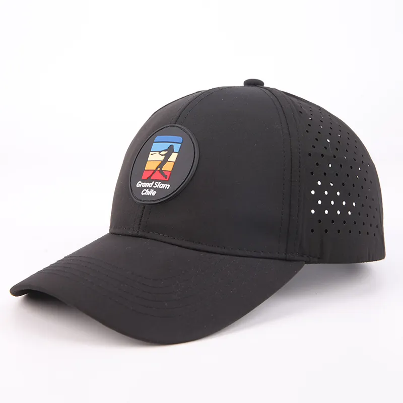 Custom Gorras Grey PVC Patch Logo Water Proof 6 Panel Laser Cutting Hole Drilled Baseball Waterproof Cap Hat