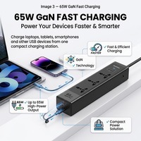 Regleta de Enchufes Universal Global con 3 Tomas de CA 110V-240V, Adaptador de Viaje de 65W GaN con Carga Rápida y 3 Puertos USB para Laptop, Teléfono, Tablet y Oficina