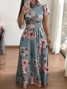 Maxi vestido de verão casual feminino, gola alta qualidade estampa floral