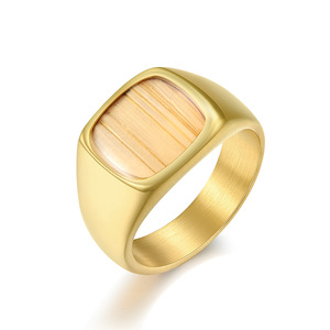 yunnique punk street hip-hop 18K gold plated, wood veneer inlaid <b>titanium</b> steel <b>ring</b>, square shape, trendy fashion - Product Image 5