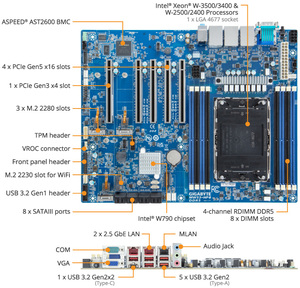 เมนบอร์ดเซิร์ฟเวอร์ MW53 HP0 ซ็อกเก็ตเดี่ยว รองรับ Intel Xeon W แพลตฟอร์ม 8 สล็อต DDR5 หน่วยความจำแบบ 4 แชนแนล PCIe Gen5 x16 สล็อต  พอร์ต LAN แบบคู่ 10GbE - Product Image 3