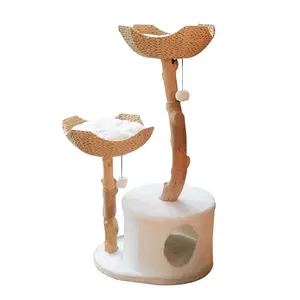 Modern Cat Tree Multi Level Natural Wood Cat Tower Unique Design Easy Climb for Small and Old Cats