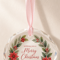 Ornement de Noël personnalisé en verre cristal, rond et facetté, à suspendre, avec impression aquarelle et ruban de satin pour cadeau d'arbre de Noël