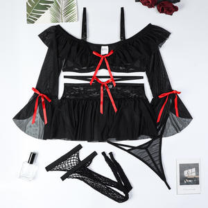 Wholesale Bow Knot Four-piece Lingerie Set With Fishnet <b>Stocking</b> Sexy Erotic See-through Mesh Dress Bra Set - Product Image 5