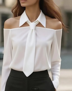 2025 mujer Casual All Match manga larga solapa <span class=keywords><strong>corbata</strong></span> camisa otoño Color sólido Vintage botón fuera del hombro blusa para mujer - Product Image 6