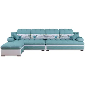 北欧现代天蓝色l形转角沙发柔软三座双人沙发和双层床客厅沙发套装