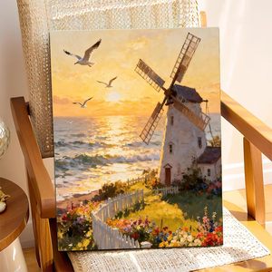 Kit <span class=keywords><strong>de</strong></span> <span class=keywords><strong>Peinture</strong></span> par Numéros Songwoo Livraison Rapide : Moulin à Vent Costier, Fleurs Vibrantes, Clôture Blanche, <span class=keywords><strong>Oiseaux</strong></span> Marins, Paysage <span class=keywords><strong>de</strong></span> Plage au Coucher du Soleil - Product Image 3