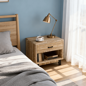 Mesita <span class=keywords><strong>de</strong></span> Noche Moderna <span class=keywords><strong>de</strong></span> Madera <span class=keywords><strong>de</strong></span> 2 Niveles para Espacios Pequeños, 1 Cajón + Diseño <span class=keywords><strong>de</strong></span> Panel <span class=keywords><strong>de</strong></span> Estante Abierto con Patas y Asa <span class=keywords><strong>de</strong></span> Plástico - Product Image 4