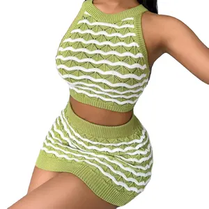 Oem Nhà Máy Bán Buôn Tùy Biến Dịch Vụ Đan Sexy Màu Xanh Lá Cây Và Màu Trắng Crochet Thiết Kế Đan Áo Len Ăn Mặc Phù Hợp Với Đối Với Phụ Nữ