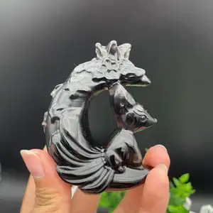 Natural crystal polished black obsidian squirrel cute animals sculpture carving folk crafts healing souvenirs for stones