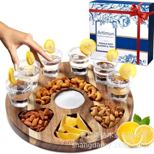 Plateau rond en bois pour verres à vin, plateau à collations pour fête, plateau à compartiments pour petits verres à vin, planche à découper pour pizza, plateau à collations et charcuterie - Product Image 1