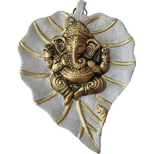 Wall <b>Hanging</b> Hand-carved <b>White</b>-Golden Metal Ganesha for Home or Office Decor - Product Image 1