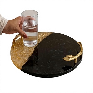 Plateau de rangement rond en résine, design feuille d'or noir, finition polie, luxe moderne, passe au lave-vaisselle, multifonction, facile à nettoyer, utilisation sur table - Product Image 1