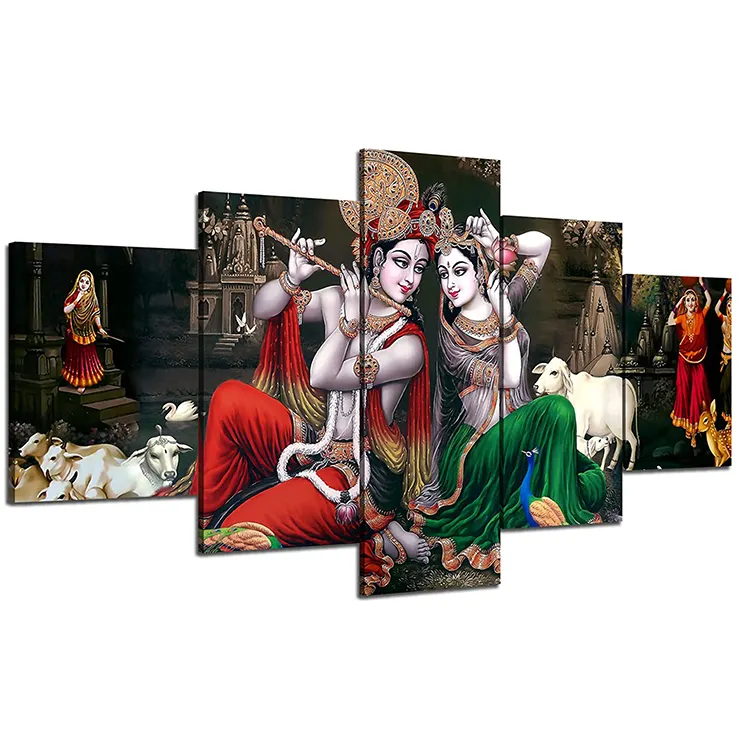 リビングルームの装飾Lord RadhaKrishnaインドの宗教的なヒンドゥー教の神の写真印刷ポスター5パネルキャンバスインドの壁の芸術