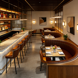 Ensemble table et chaises de bar carrées en bois et cuir, style café-bistro haut de gamme moderne, mobilier commercial écologique et durable - Product Image 6