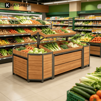 Versterkte dubbelzijdige metalen MDF groente-displaystandaard zonder rugwand, houten supermarkt rek voor groenten en fruit