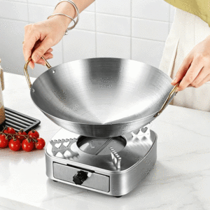 Wok chinois en acier inoxydable FLEY, grande poêle à frire mate, double poignée, pour cuisinière à gaz, usage commercial en cuisine - Product Image 2