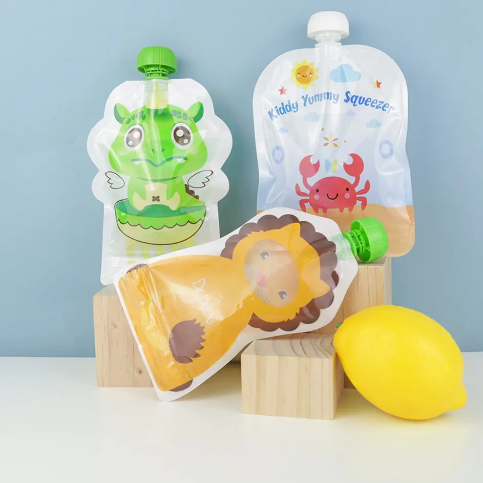 Estación de exprimidor de etiquetas privadas, bolsa de comida casera con boquilla para bebé, bolsa de comida reutilizable orgánica para bebé