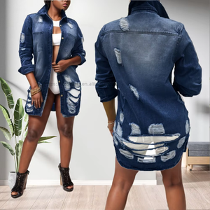 Abrigos Largos de Mezclilla con Diseño Desgarrado y Bolsillos para Mujer, a la Moda - Product Image 4