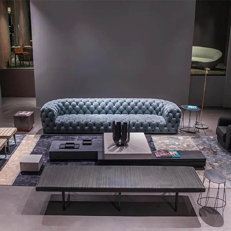 أريكة كبيرة ذات 3 مقاعد من الجلد الأزرق المستورد للحدث بتصميمات 2024 قماش من الطلاء المخملي تشيسترفيلد