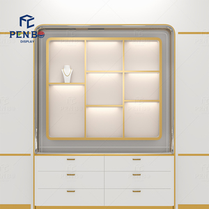 Escaparate de pared de madera moderno con almacenamiento oculto y estantes iluminados para joyerías Almacenamiento de pared de estudio de joyería - Product Image 4