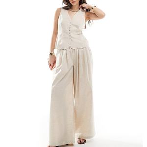Factory Design High Quality Beach Women Linen Loose Pants Sleeveless Fitted <b>Top</b> Set Custom 100% Soft Linen Two Piece Set - Product Image 1