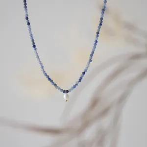 Handmade beaded blue Dong ling jade natural stone necklace choker cultured freshwater pearl drop pendant necklace for woman