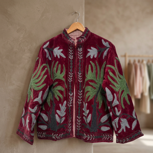 Wholesale Vintage Style Maroon <b>Velvet</b> <b>Jacket</b> <b>Women</b> Hand Embroidered Floral Short Coat Boho Winter Outerwear - Product Image 1
