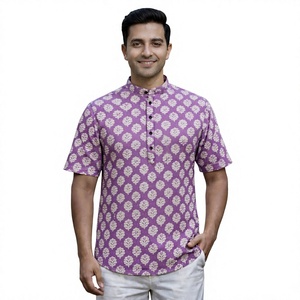Kurta Corta Étnica India y Pakistaní para Hombre, Kurta de Algodón Estampado, Diseño Elegante, Ropa Tradicional para Bodas y Fiestas - Product Image 1