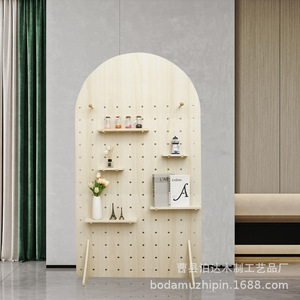 Wooden Arched Pegboard Screen Standing Partition Multifunctional Storage Shelf For Entryway Room Divider - Product Image 2