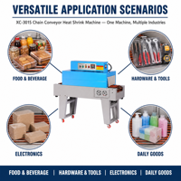 Machine d'emballage rétractable automatique Xicang XC-3015 avec convoyeur à chaîne, tunnel de rétraction thermique haute précision à plateforme surélevée pour l'alimentation