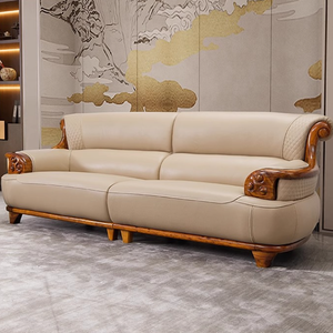 Ensemble de canapés de salon luxueux en cuir véritable, mobilier de luxe léger, placage de bois Wujin, canapé quatre places - Product Image 1