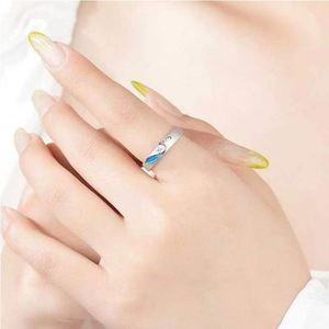 แหวนคู่แพลตตินั่ม S925 ชุบเงินเคลือบสีน้ำเงินไล่เฉดแบบหยดน้ำ แหวนคู่รัก เครื่องประดับเข้าชุด แหวนปรับขนาดได้ - Product Image 4