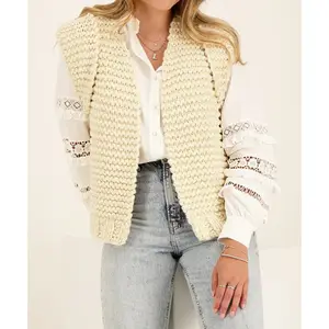 Luxury Knitwear Waistcoat Womens Knit Vest With Shoulder Pad Beige Chunky Knit Gilet With Shoulder Pads Knit Pattern Gilet