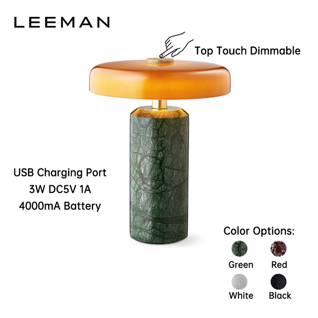 Portable Rechargeable Wireless Marble Base Table Lamp Home Decor Cordless Touch Dimming Desk Light for Restaurant Hotel Bedroom