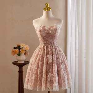 Pink Off The Shoulder Evening Gown Empire Waist 3D Floral Lace Vintage Style For Banquet Party Dress - Product Image 4