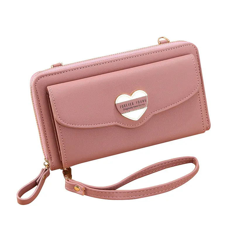 large capacity fashion heart metal zipper wristlet cell phone bag clutch women wallet coin crossbody purse