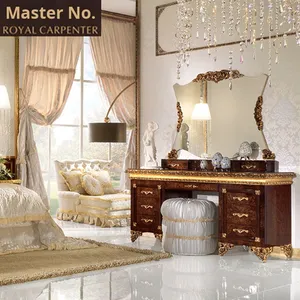 Meubles de chambre à coucher de style européen, bois massif, placage de bois sculpté, table de toilette et de maquillage de luxe incrustée, miroir, Chine - Product Image 1