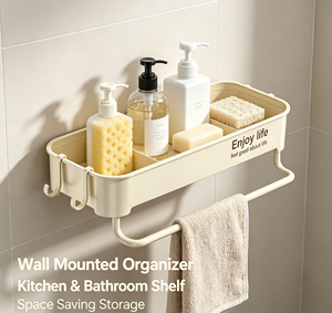 Étagère de salle de bain en plastique sans perçage, support de rangement autoportant avec crochets et compartiments - Product Image 5