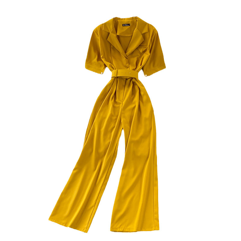 Summer Korean Fashion Romper Women Elegant Notched Short Sleeve High Waist  Belted Jumpsuit Female Loose Wide Leg Playsuits