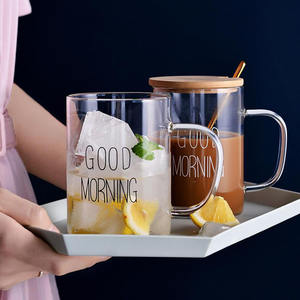 Seaygift logo personnalisé résistant à la chaleur en vrac verre bonjour tasse à café tasse borosilicate petit déjeuner tasses avec couvercle en bambou cuillère - Product Image 1
