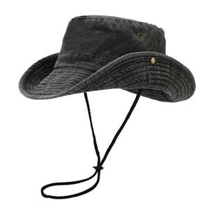 2025 New Arrival Solid Color Wide Brim Fisherman Hat Retro Washed Denim Casual <b>Sunscreen</b> 58cm Cowboy Hat with Windproof String - Product Image 5