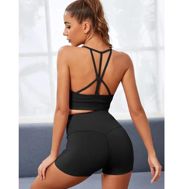 Aanpassen Logo Vrouwen Fitness 2 Stuk Workout Wear Sexy Back Sportbeha Gym V Vorm Shorts Yoga Sets