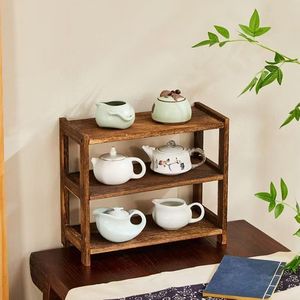 Solid Wood 3 Tier <b>Desktop</b> <b>Shelf</b> For Tea Set Display Storage Rack Heavy Burning Finish - Product Image 1