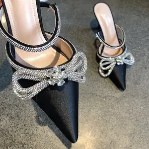 Wholesale 2023 Summer Black Sexy Pointed Pumps New Fashion Transparent Rhinestone Bow Thin Heel Shoes